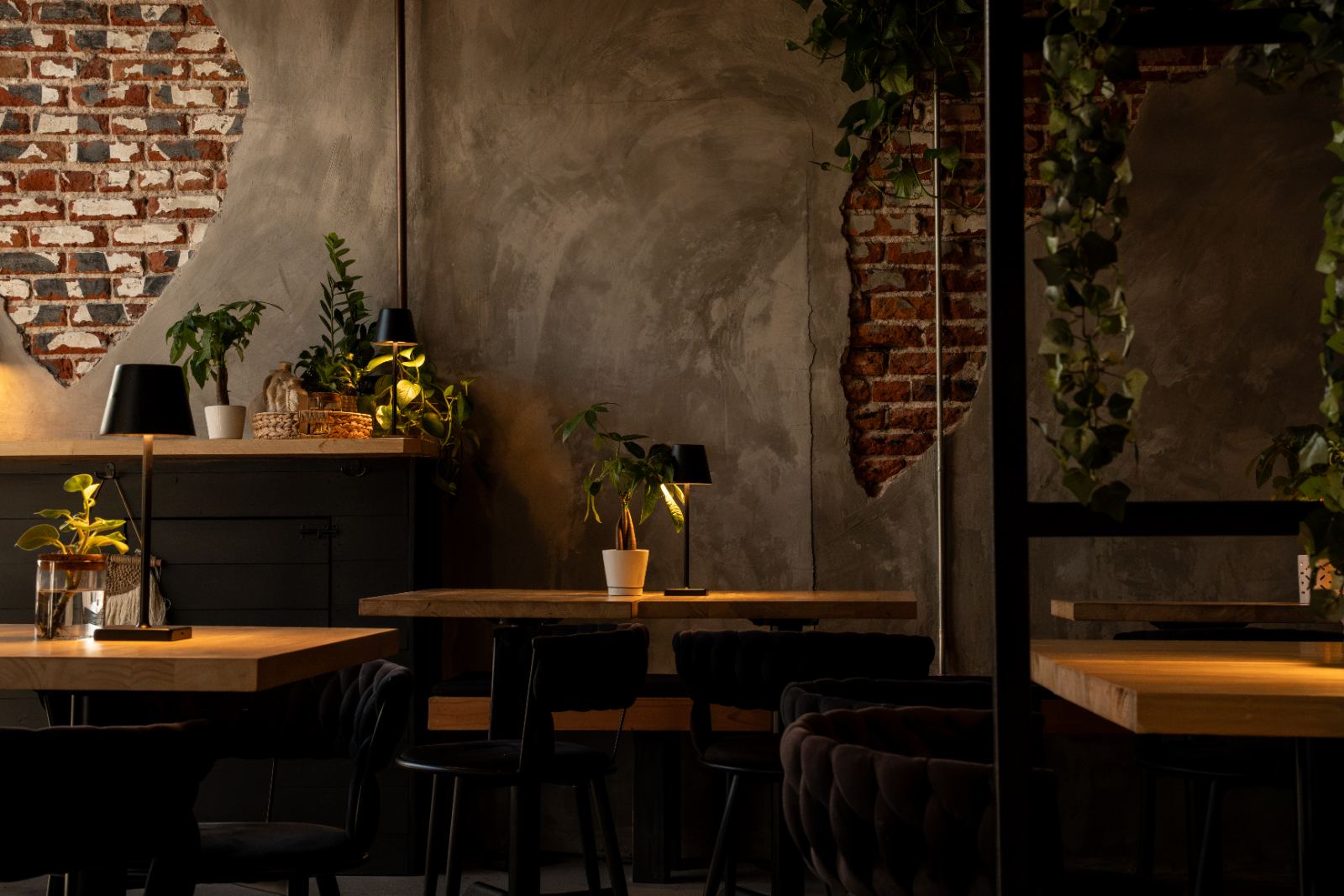 Tables, lamps and plants against the plaster and brick wall at Mystic Lounge